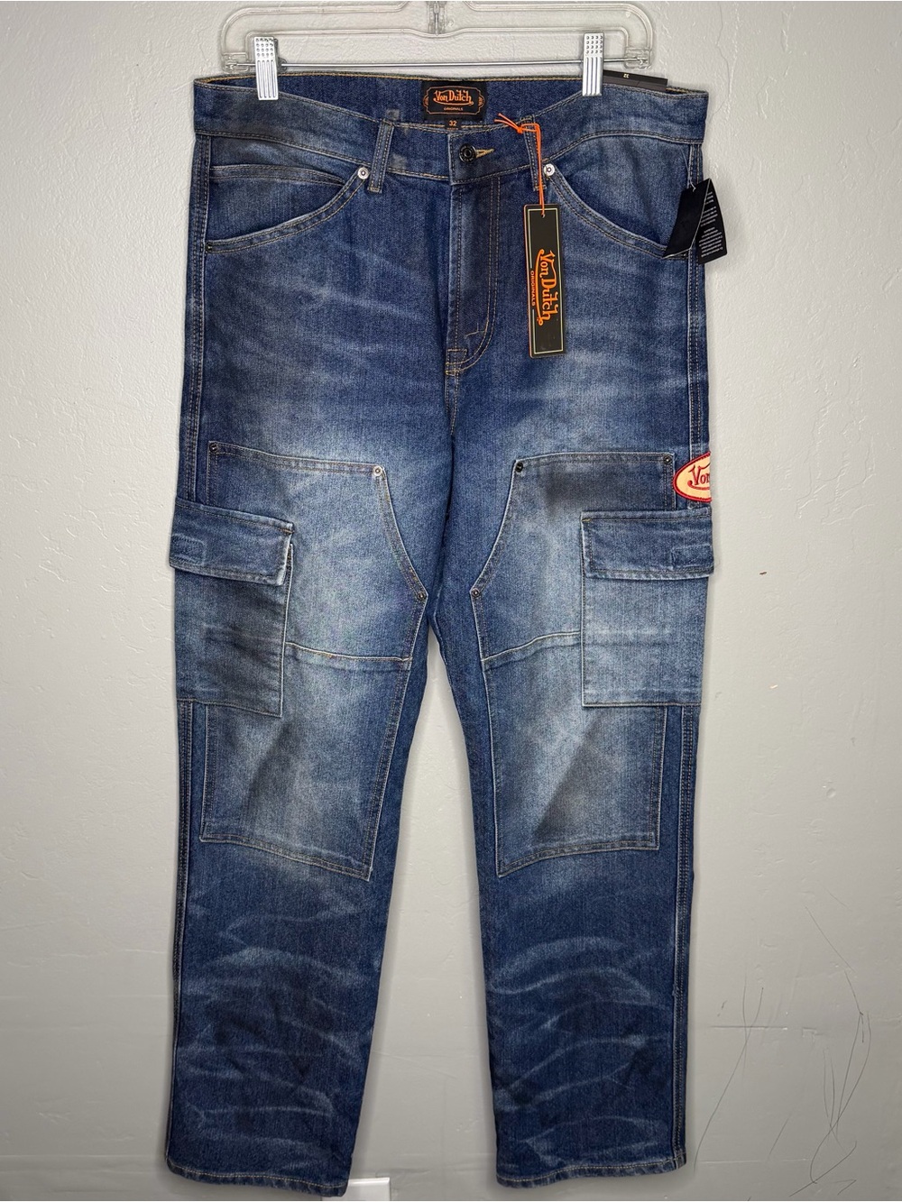 Von Dutch Mens Blue Wash Cargo Straight Denim Jeans Sz 32